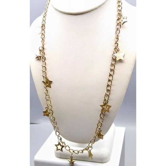 Distressed Vintage Curb Link Necklace with Dangling Star Charms, Silver Tone Gru - Picture 3 of 4